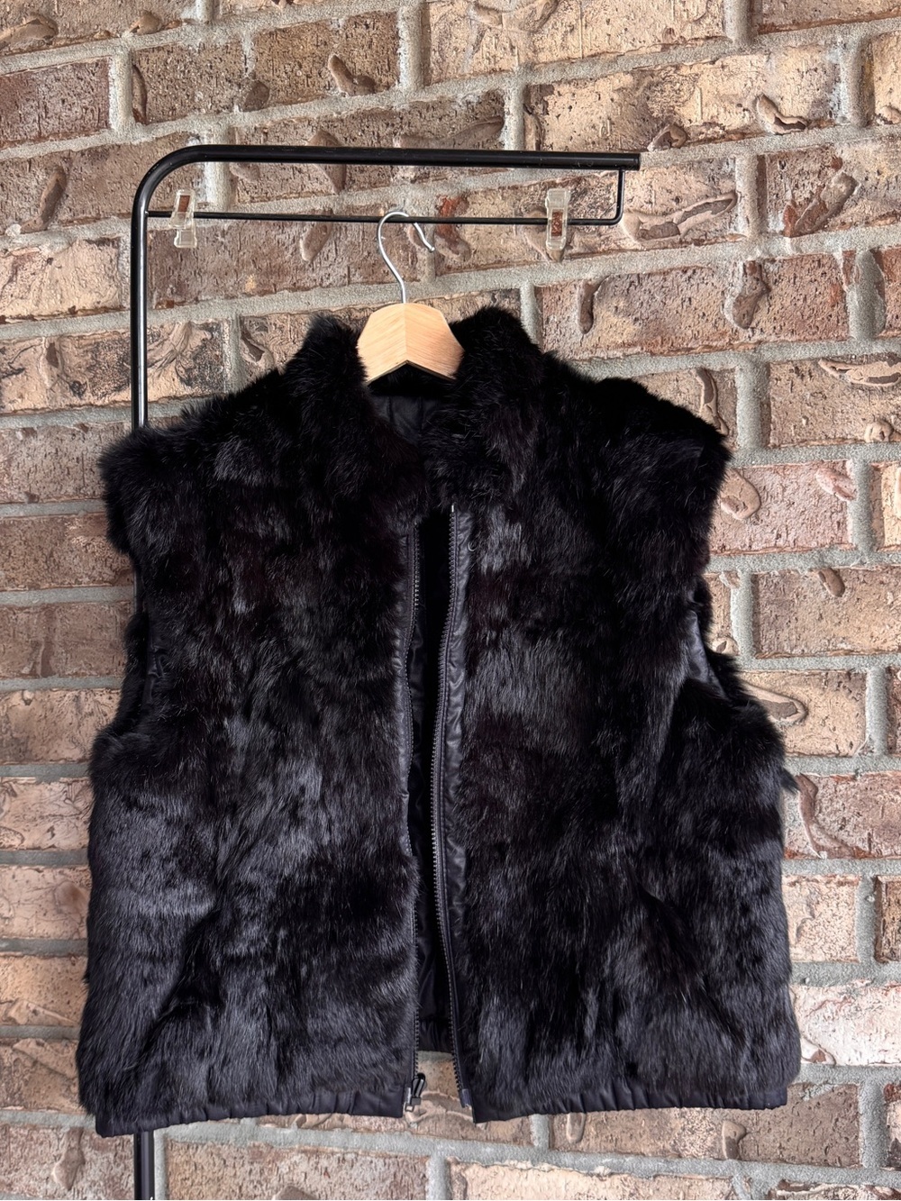 Vintage Reversible Black Rabbit Fur Vest Quilted Zip Front Women’s Size L